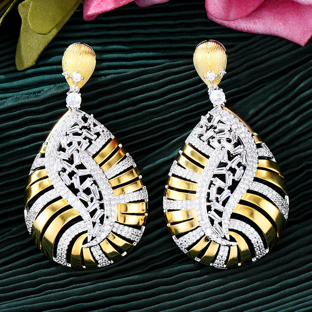 Missvikki Luxury DUBAI Hollow Dangle Earrings Shiny Cubic Zircon Drop Earring For Bridal Wedding Party Accessories High Quality