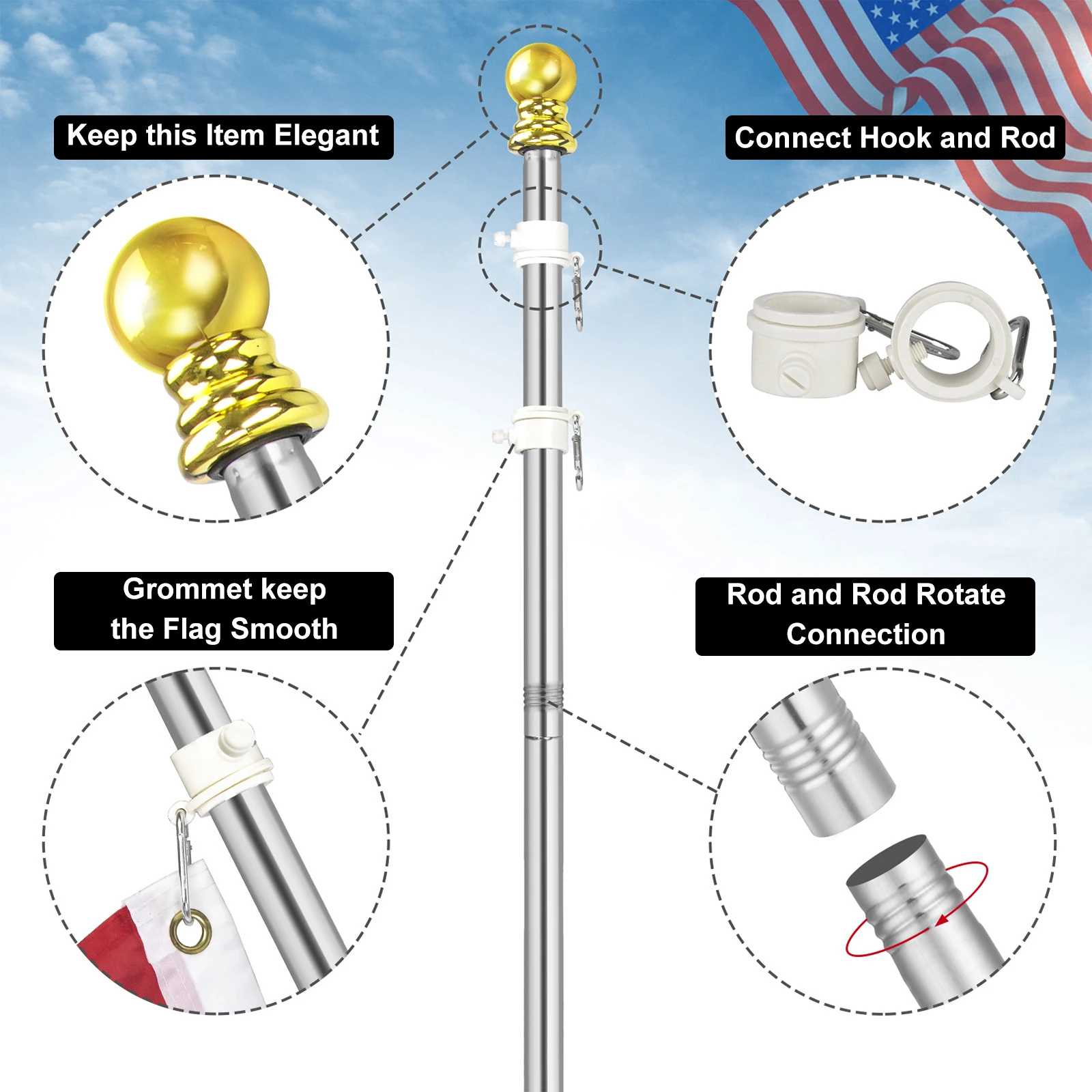Flag Pole 6 FT Flagpole Holder Stainless Steel Bracket Rotating Rings 45&deg;&90&deg; Adjustable For Garden Wall Mounted flag pole attachments
