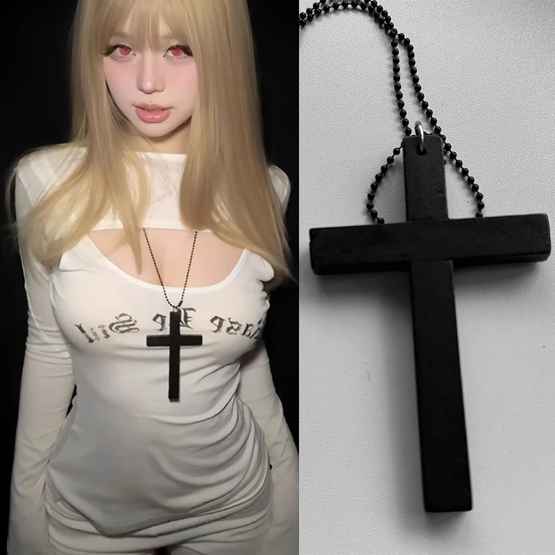 New Gothic Cool Y2K Wood Cross Pendants Necklaces Unisex Black White Red Hip Hop Charm Chain Choker Necklace Fashion Jewelry