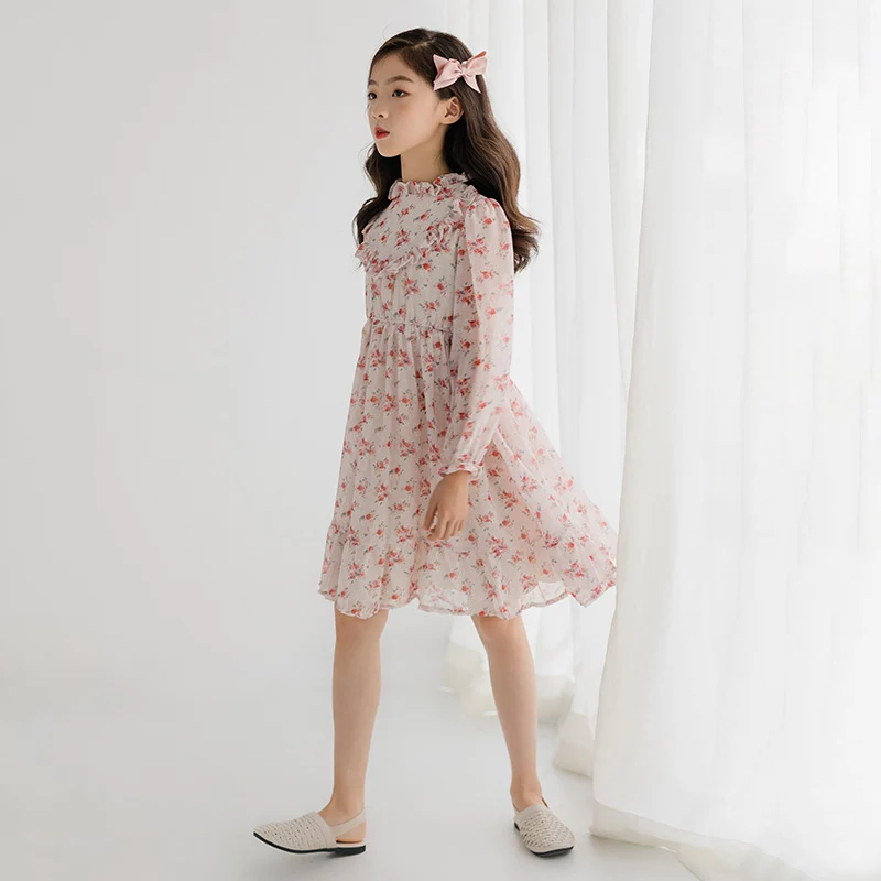 Floral Dress for Kids Girls Spring Summer 2025 Long Sleeve Ruffled Knee  Length Chiffon Dresses Casual Children Clothes - AliExpress 1501