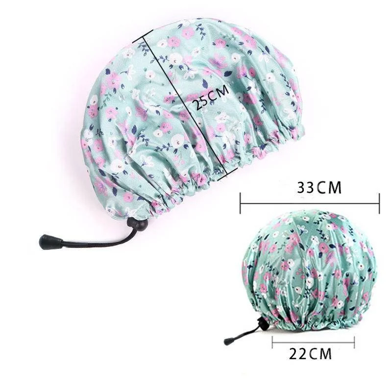 Shower Caps Reusable Waterproof Double Layer with PEVA Lining Adjustable Elastic Band