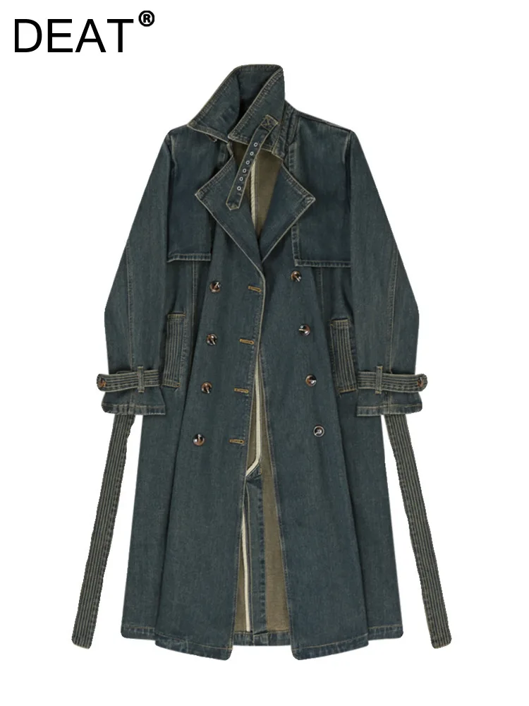 

DEAT Women Denim Trench Coat Double Breasted Patchwork Long Sleeve Epaulet Belt Elegant Jackets 2023 Autumn New Fashion 29L4183