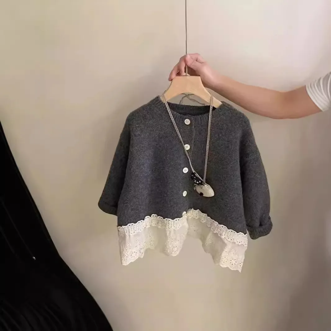 여아용 다용도 레이스 엣지 니트 가디건, 한국 에디션 스플라이싱 스웨터 코트, 2024 가을