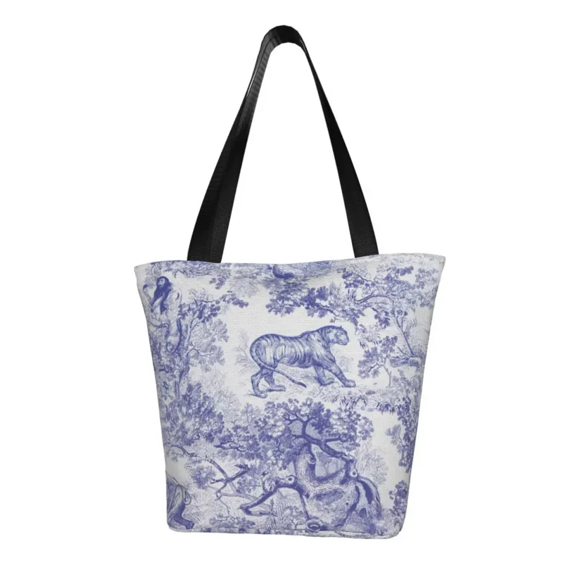 

Classic French Toile De Jouy Motif Shopping Bag Women Shoulder Canvas Tote Bag Animal Floral Navy Blue Art Grocery Shopper Bags