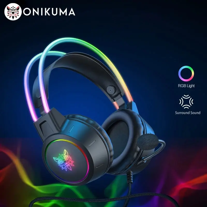  ONIKUMA X15 Pro Over-Ear Headphones Gaming Headset Wired Cancelling Earphones Pink Cat Ears Rgb Light With Mic For PC PS4 