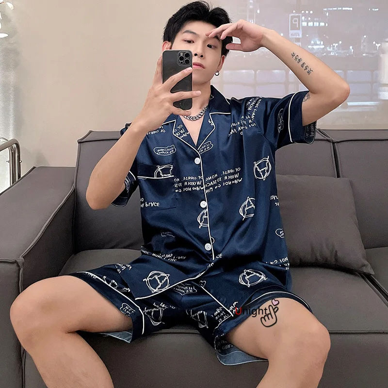Silk Pajamas Set Men Short Satin Large Size Summer Sleepwear Home Clothes Stripe Big Size 4XL Plaid