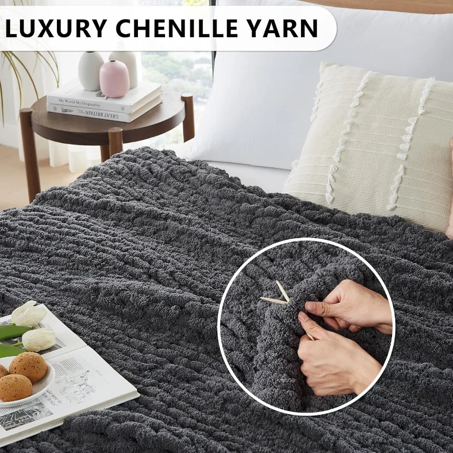 Chunky Knit Blanket Throw: 80''x90'' Chenille Chunky Knitted Throw Blanket for Bed Couch Handmade Thick Big Cable Knit Blanket