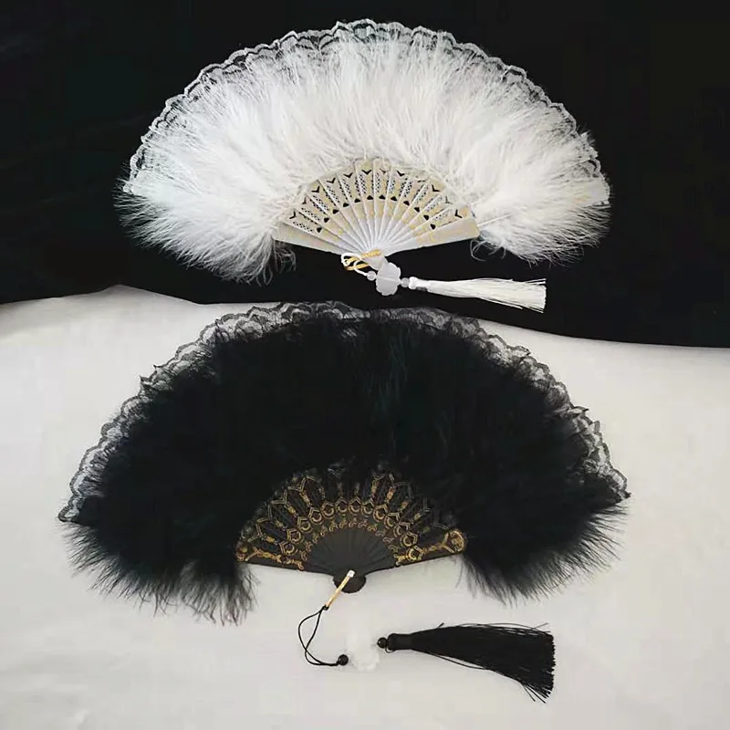 Folding Fan Hand Fan Chinese Style Vintage Foldable Hand Fan Feathers Lace Folding Handheld Fan for Sexy Dance Wedding Decoration Party Favor Gifts
