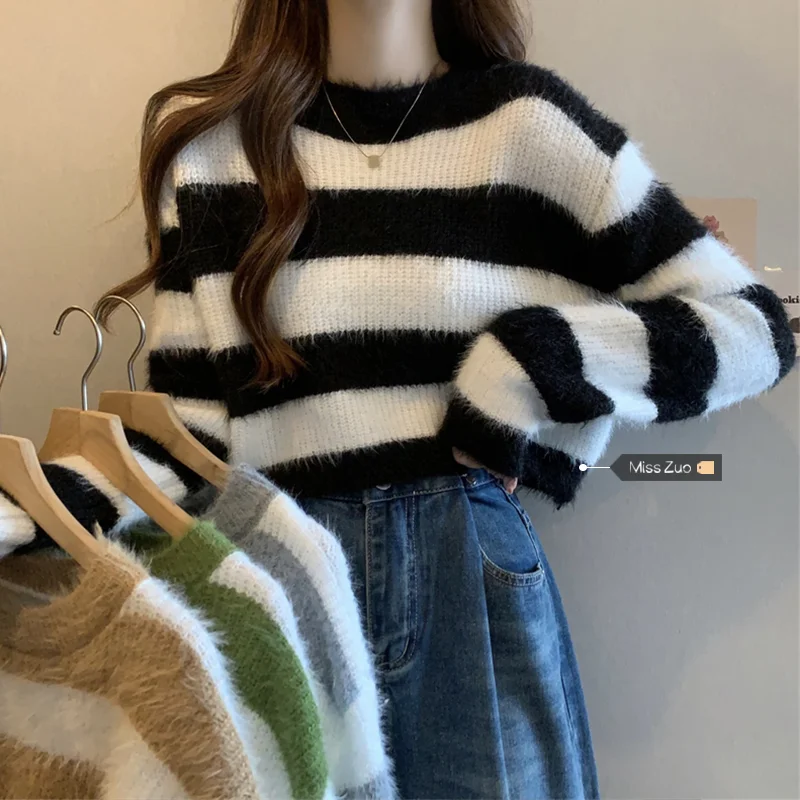 

Женский винтажный свитер в полоску, вязаный джемпер оверсайз в Корейском стиле, повседневный свободный кроп-Топ с длинным рукавом, пуловер в стиле Харадзюку, Y2k