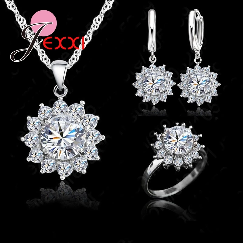 SunFlower Cubic Zirconia Real 925 Sterling Silver Jewelry Sets Earrings Pendant Necklace Rings Size 5-9