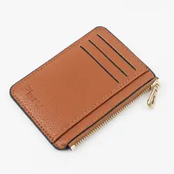 Unisex Slim PU Leather Zipper Card Holder & Wallet Gift (Dark Khaki)