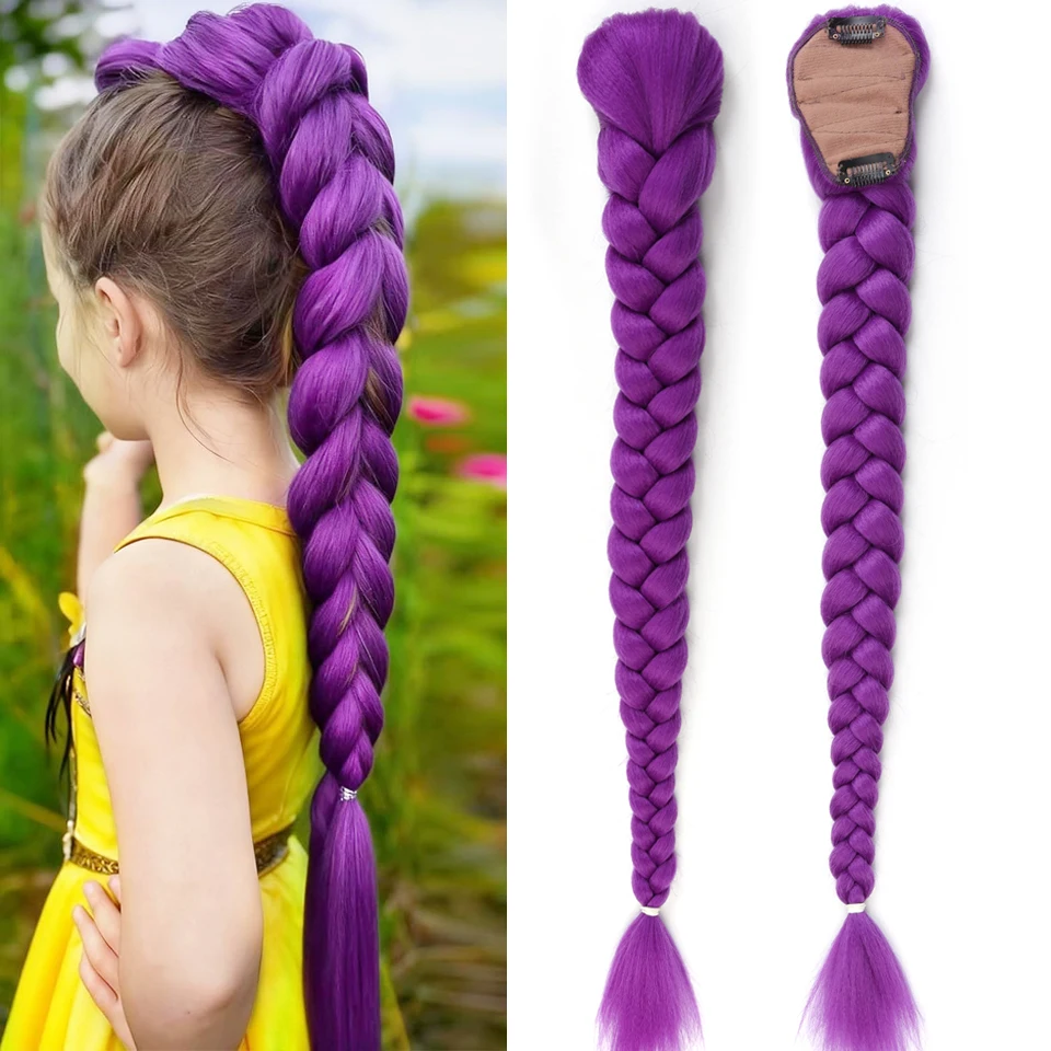 Synthetischer geflochtener lila Haar-Pferdeschwanz, Rumi-Kostüm-Frisur, 66 cm langer Pferdeschwanz mit Clips für Kinder, Mädchen, Halloween, Weihnachten – Detail 7