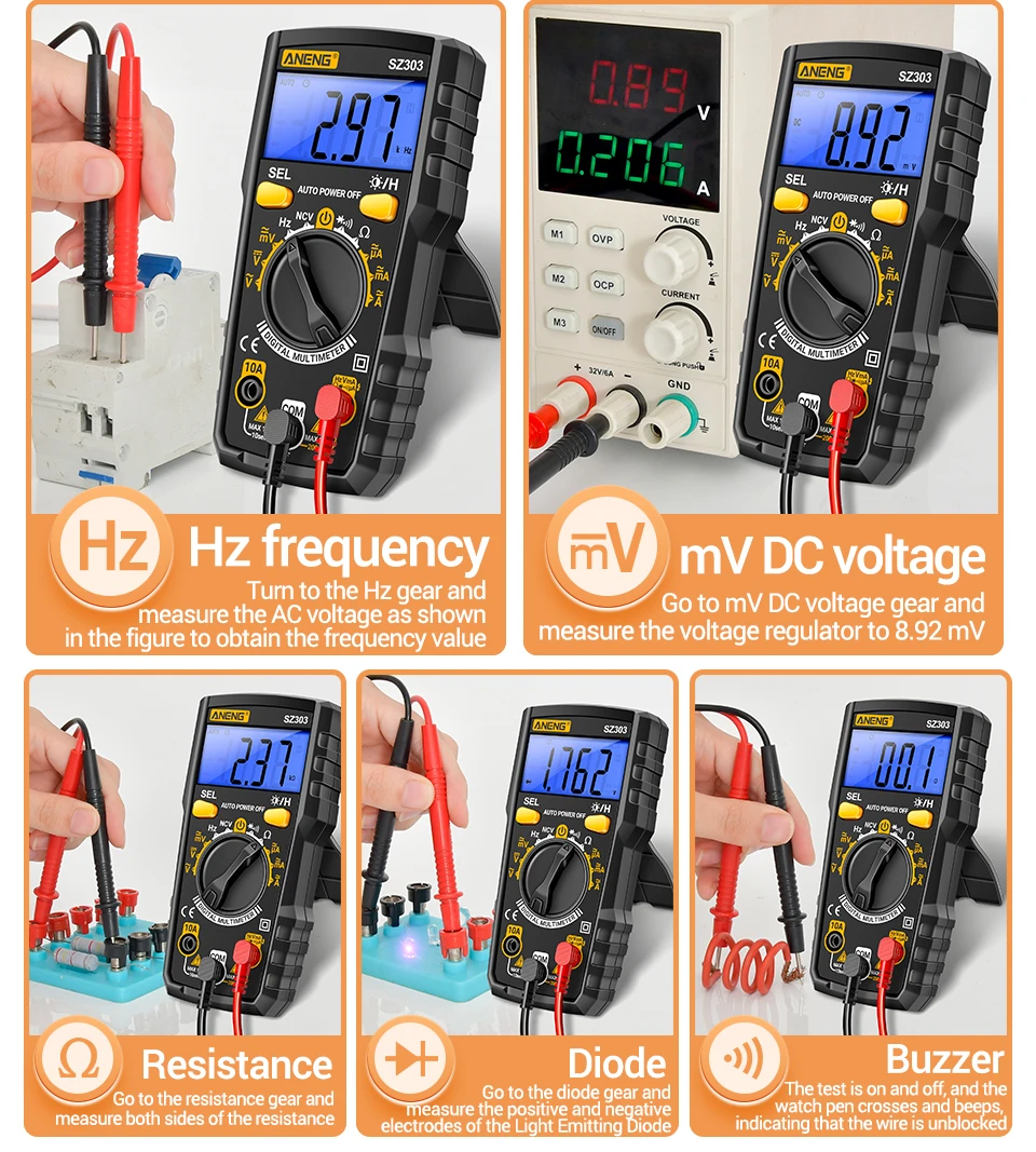 ANENG SZ303 Digital-Multimeter True RMS 1999 Messungen Automatische Bereichswahl Voltmeter Amperemeter Ohmmeter Kapazitätsmesser NCV Spannungsdetektor – Detail 12
