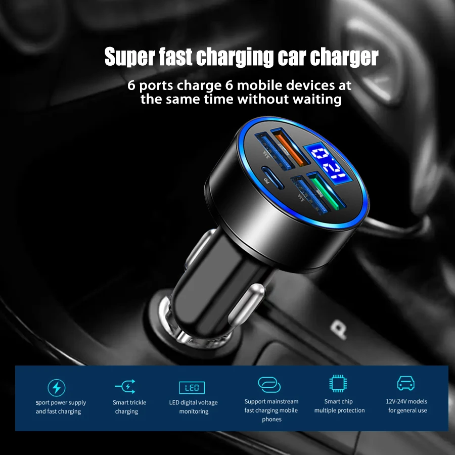 15.5W 4USB Car Charger Type-C Digital Display Car Power Charger 5V 3.1A With Voltage Detection Multi-port Car Power Adapter