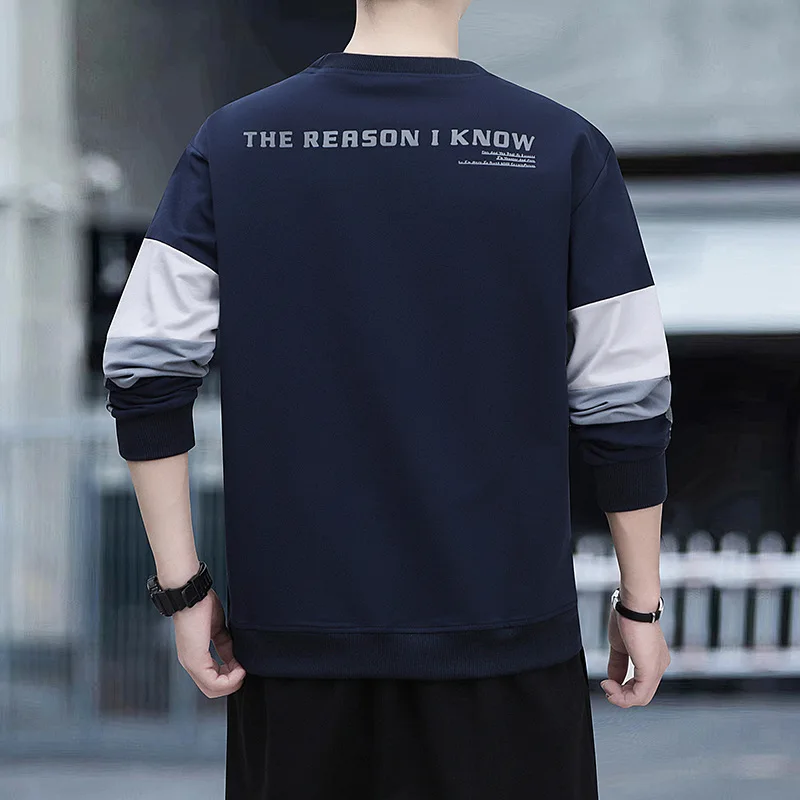 High quality cotton sweatshirts for men long sleeve patchwork pullover spring autumn 2024 tending clothing - black grey blue