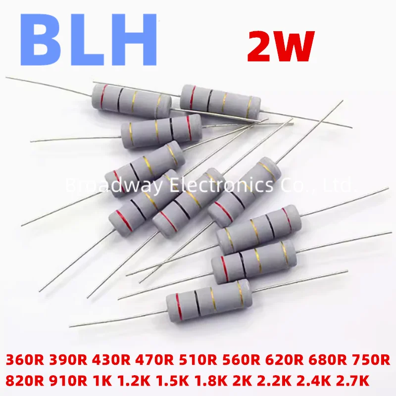50PCS 2W Carbon Film Resistor 5% 360R 390R 430R 470R 510R 560R 620R 680R 750R 820R 910R 1K 1.2K 1.5K 1.8K 2K 2.2K 2.4K 2.7K Ohm