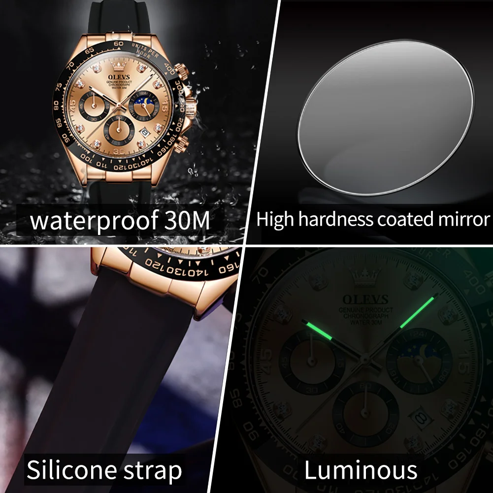 OLEVS 2023 New Luxury Men's Watches Quartz Watch Silicone Sport Multifunction Date Waterproof Luminous Chronograph Watch Men