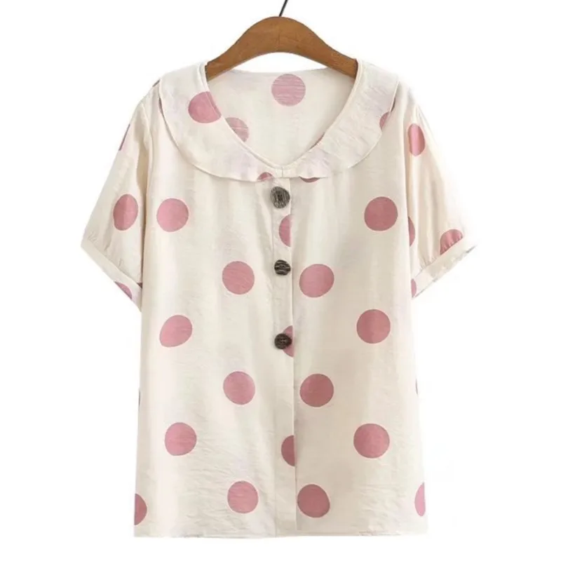 

Plus Size Chiffon Blouses Women 2023 Summer Polka Dot Peter Pan Collar Short Sleeve Tops Oversized Curve Clothes