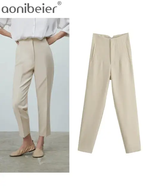 Women Spring Trousers Suits High Waisted Pant Fashion Office Lady Beige Elegant Casual Famale Stright Pants 4