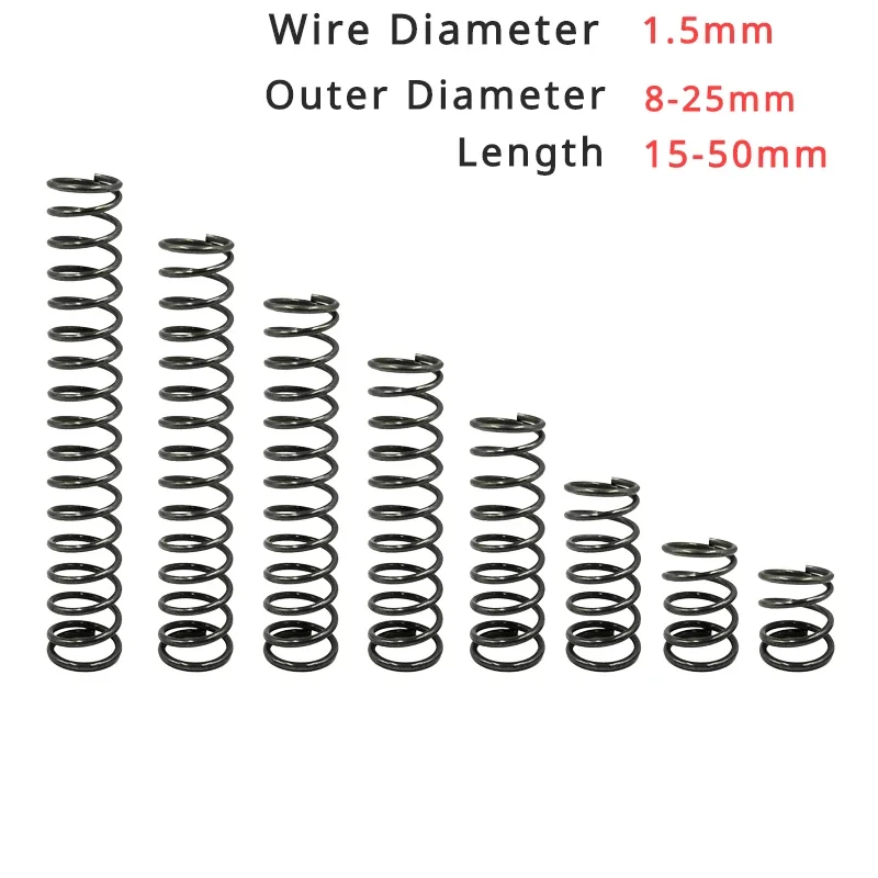 

5 шт., пружинный стальной компрессионный пружинный провод диаметром 1,5 мм, внешний диаметр 8-25 мм, Длина 15-50 мм