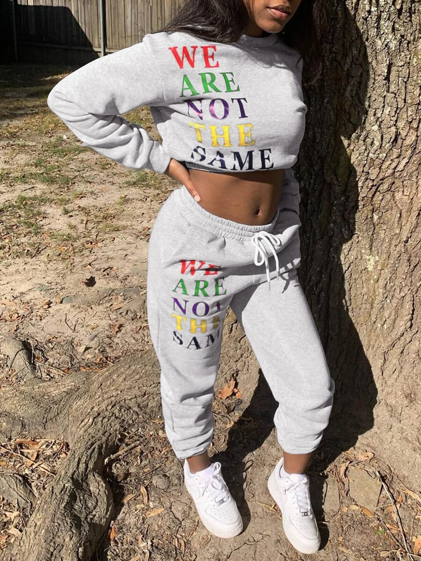 

LW Autumn & Winter Casual Women Clothing Letter Print Two-piece Tracksuit Long Sleeve Cropped Sweatshirt & Drawstring Pants Set