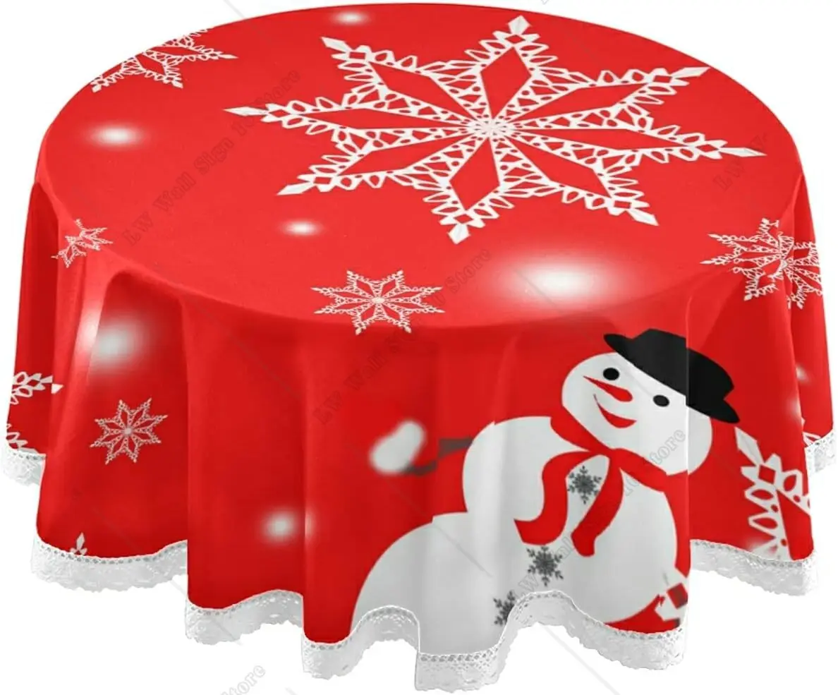 

Snowmans Snowflakes Red Christmas Round Tablecloth Table Cloth with Lace Dining Decorative for Holiday Home Party Wedding Picnic