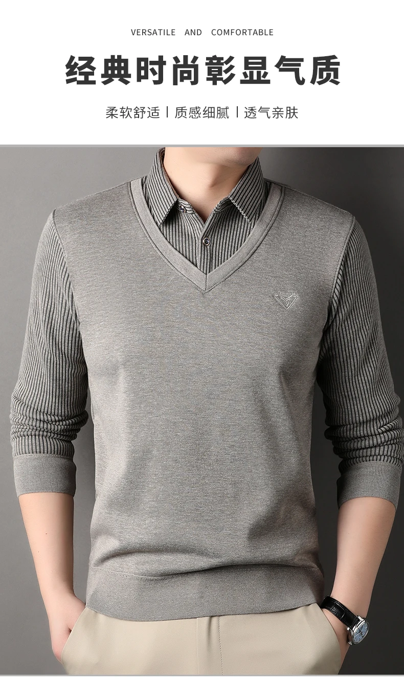 Description Picture 2 of itemAutumn and winter men's fake two knitted cardigans with shirt collar coat men's sweater