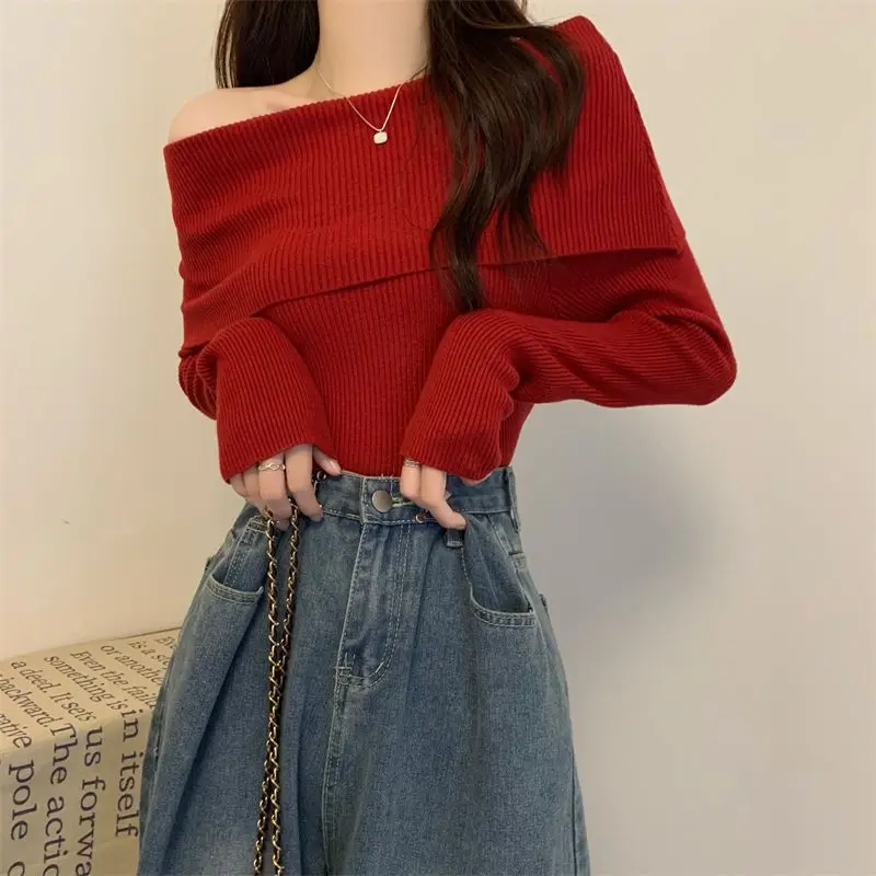 

Sweet Knitting Slash Neck Pullovers Tops Spring Autumn New Long Sleeve Solid Slim Sweaters Temperament Elegant Women Clothing