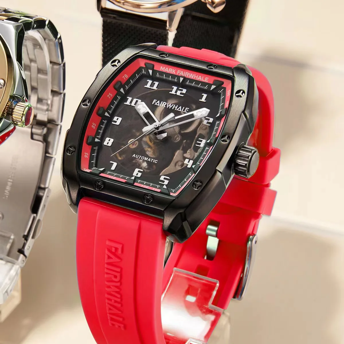 

Brand Mark Fairwhal Mechanical Men's Watches Fashion Business Tonneau Steel Automatic Wristwatch Sport Silicone Strap Watch Hot