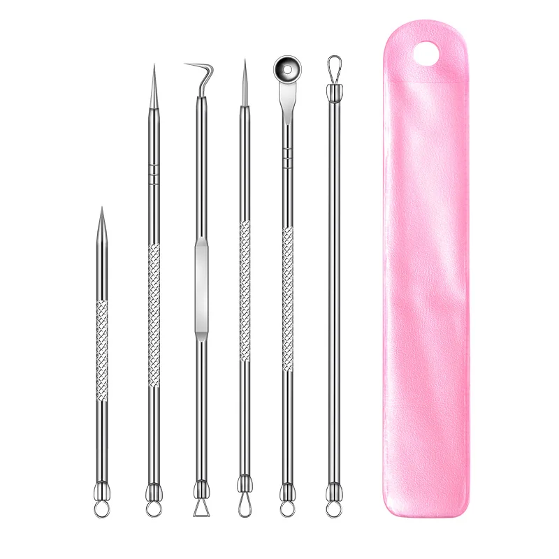 Ensemble de 6 aiguilles et pinces en acier inoxydable pour l'élimination des points noirs et des imperfections du visage, soin de la peau et nettoyage des pores._voghion.com