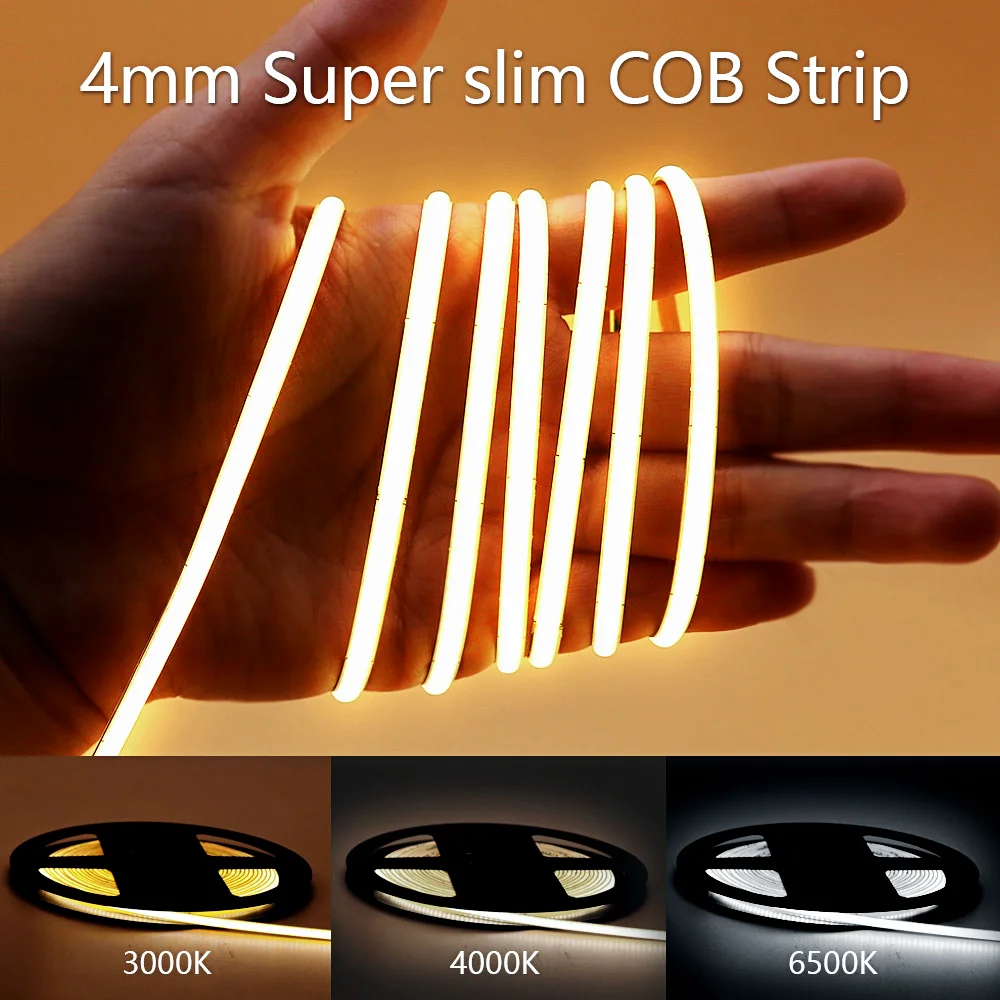 Super Thin 4MM COB LED Strip 480LEDs/m Soft Flexible12V 24V Light Bar Warm Cold White for Decor Lighting 2700K 3000K 4000K 6500K