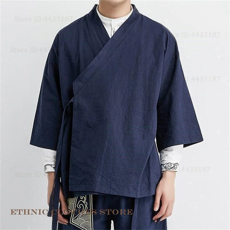 Plus Size Men's Kimono Cardigan Jacket Cotton Linen Japanese Yukata Haori Loose Open Front Hanfu Coat Samurai Costume Streetwear