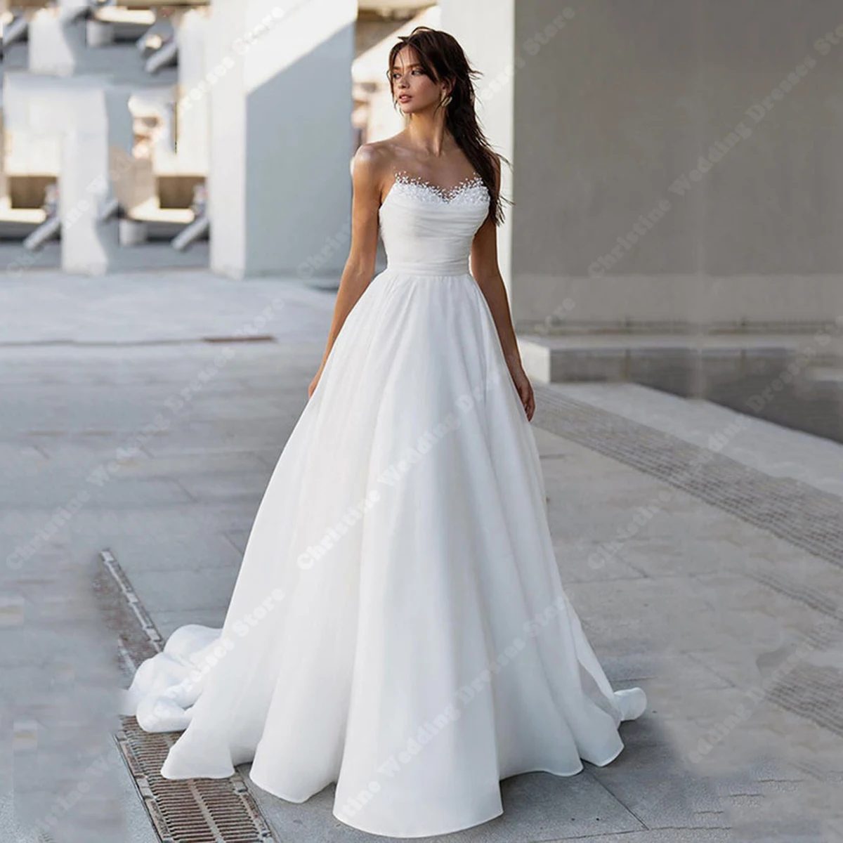 Женское свадебное платье It's yiiya, белое ТРАПЕЦИЕВИДНОЕ ПЛАТЬЕ на молнии со шлейфом без рукавов на лето 2024