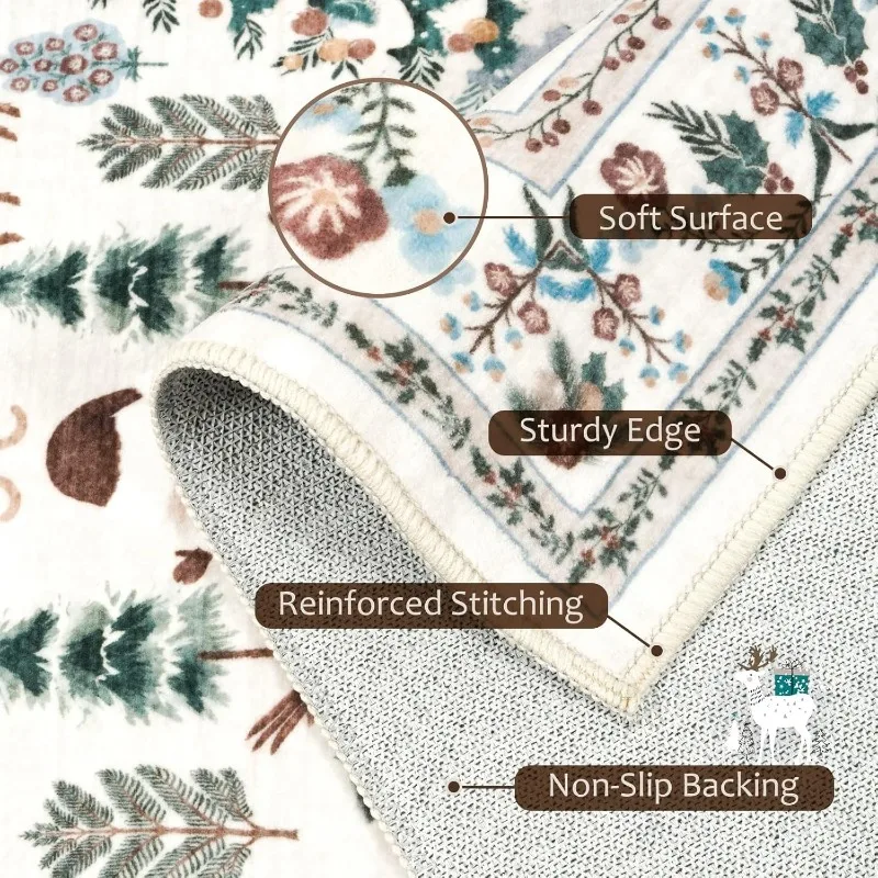 Christmas Themed Living Room Carpet Christmas Tree Reindeer Print Bedroom Rugs Machine Washable Non-slip Coffee Table Mats Tapis