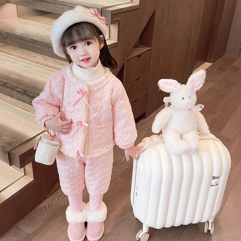 

Autumn Winter Children Clothing Sets for Baby Girls Bow Lace Coats Pants 2 Pcs Outdoor Kids Clothes Outfits Infant Tracksuits