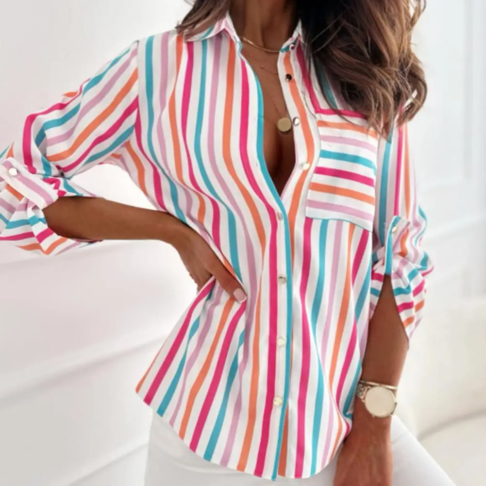 

Patch Pocket Shirt Tops Chic Striped Workwear for Women Slim Fit Lapel Shirts with Patch Pockets Single Breasted for Autumn