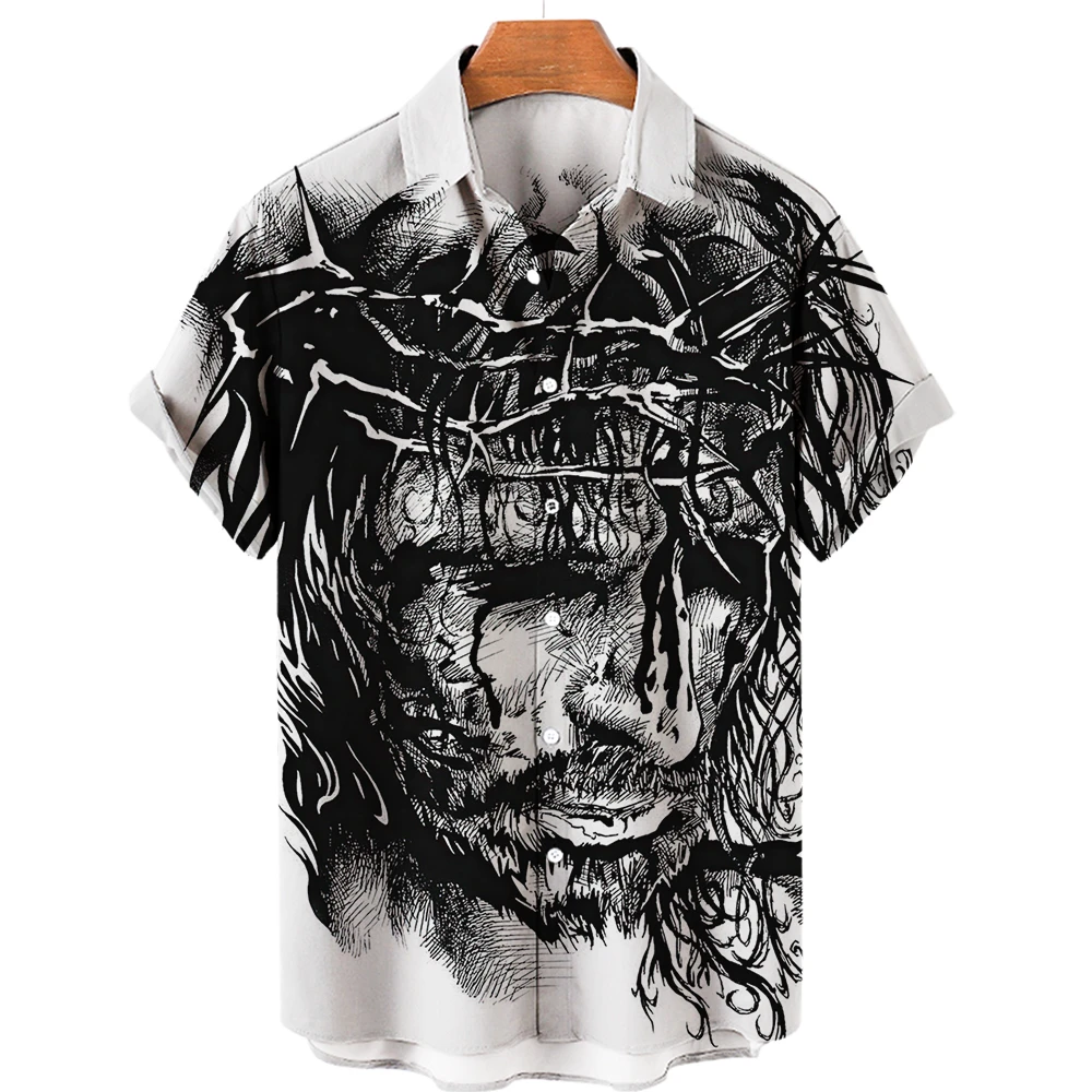 

Jesus Christ Graphic Shirts for Men Clothing 3D Printed Hawaiian Beach Shirts Short Sleeve y2k Tops Vintage Clothes Lapel Blouse