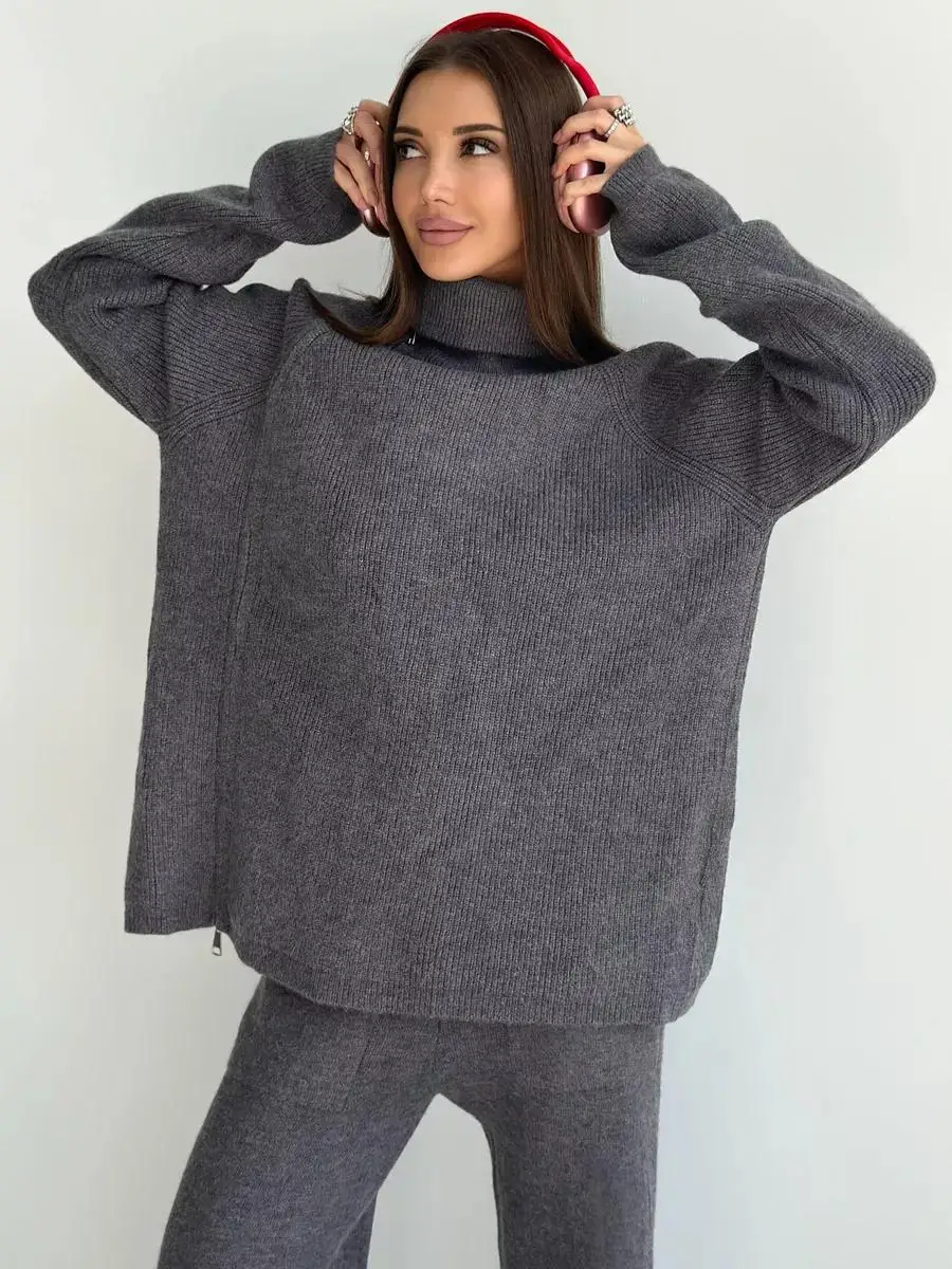 Knit Zipper Women's Pants Sets For Women Slim Lapel Long Sleeve Pullover And Patchwork Straight Legg 2 Piece-Set Winter