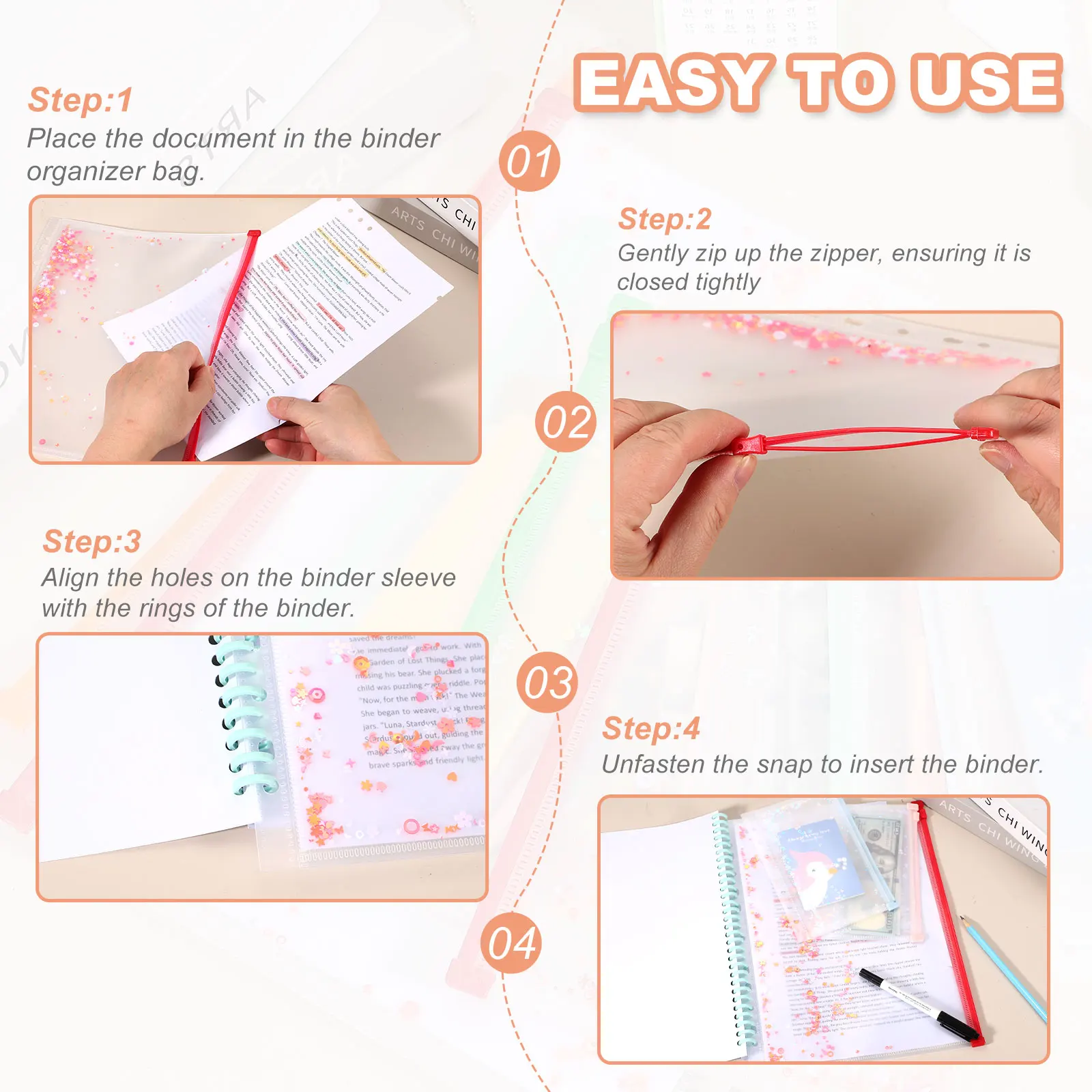 Clear Plastic A5 Zipper Binder Pockets With Sequin Filing Folders_voghion.com