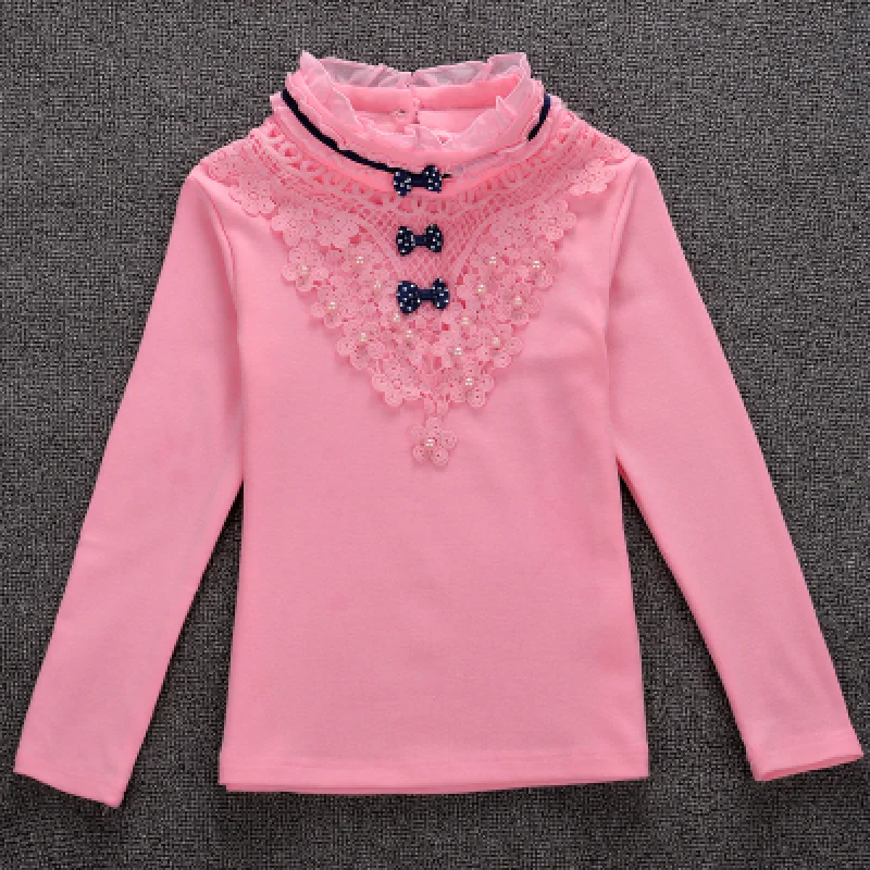 Kids Shirts Children Clothing Girls Turtleneck Blouse Spring Autumn Bow Lace Shirt Cotton Long Sleeve Sweatshirts School Kids Clothes
