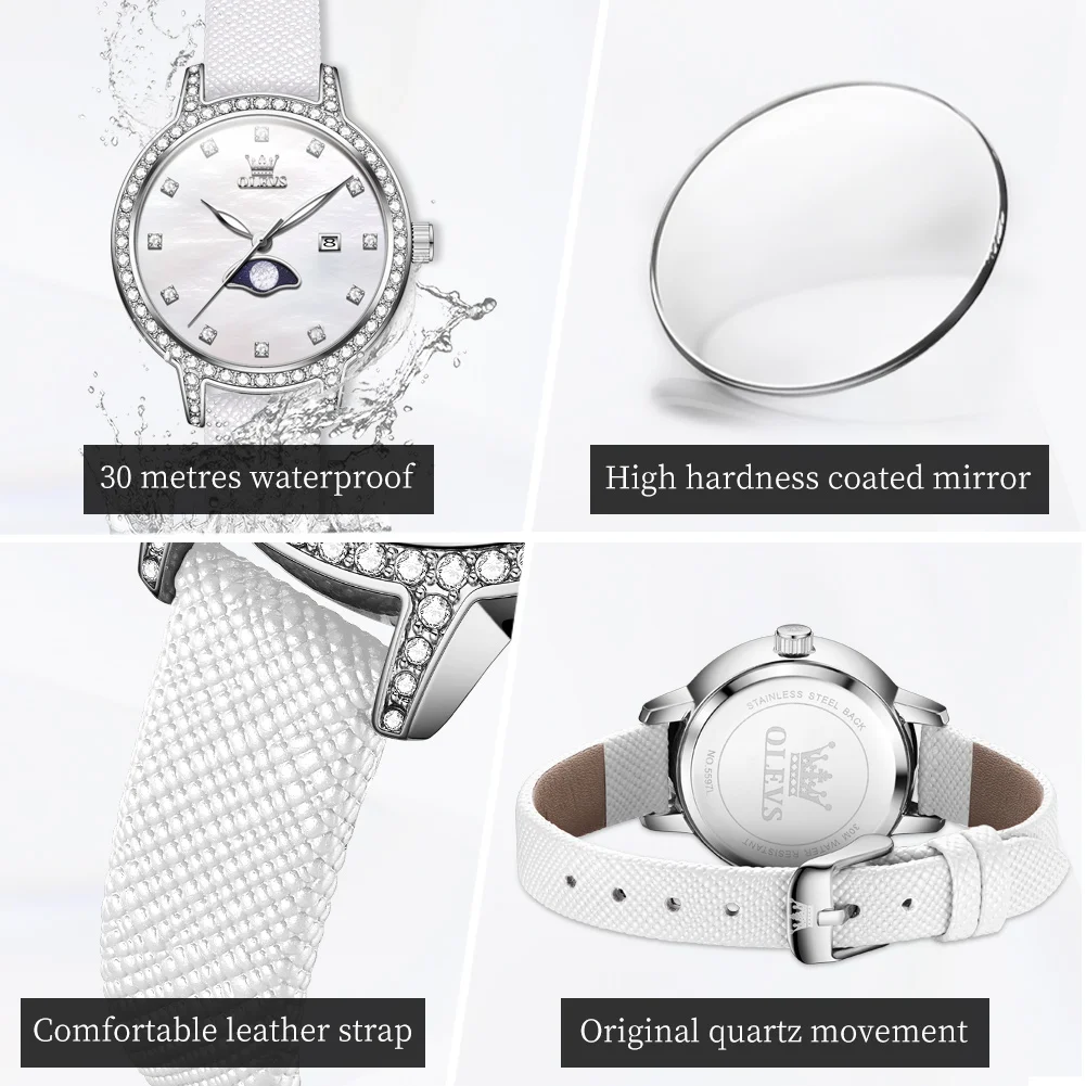 OLEVS Diamond Inlay Quartz Watch for Women Comfortable Leather Strap Women's Watches Simple Dial Waterproof Elegant Wristwatches