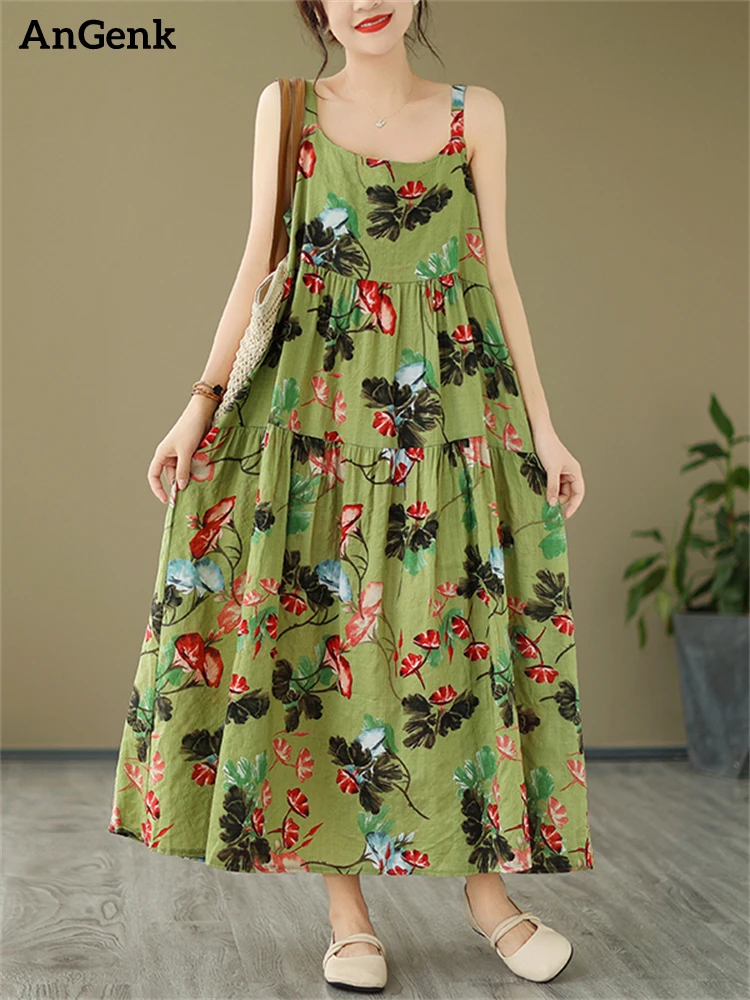 

Summer Sleeveless Spaghetti Strap Print Vintage Long Dresses For Women 2023 Casual Korean Fashion Dress Femme Elegant Clothing