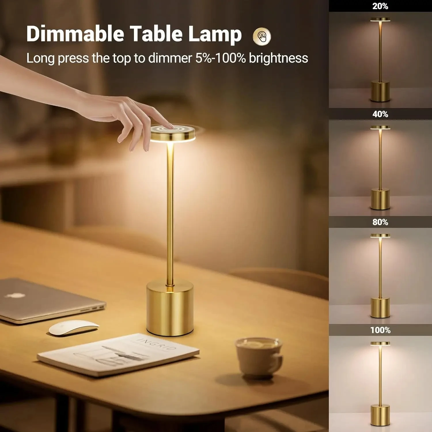 LED Rechargeable Touch Metal Table Lamp Three Colors Desk Light