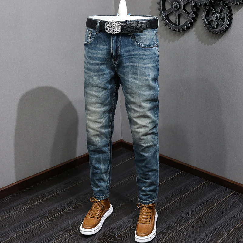 Newly Designer Fashion Men Jeans Retro Blue Stretch Slim Ripped Jeans Men Classical Trousers Vintage Casual Denim Pants Hombre 2022 fashion skinny ripped jeans men grid beggar patches slim stretch casual denim pencil pants painting jeans trousers for men