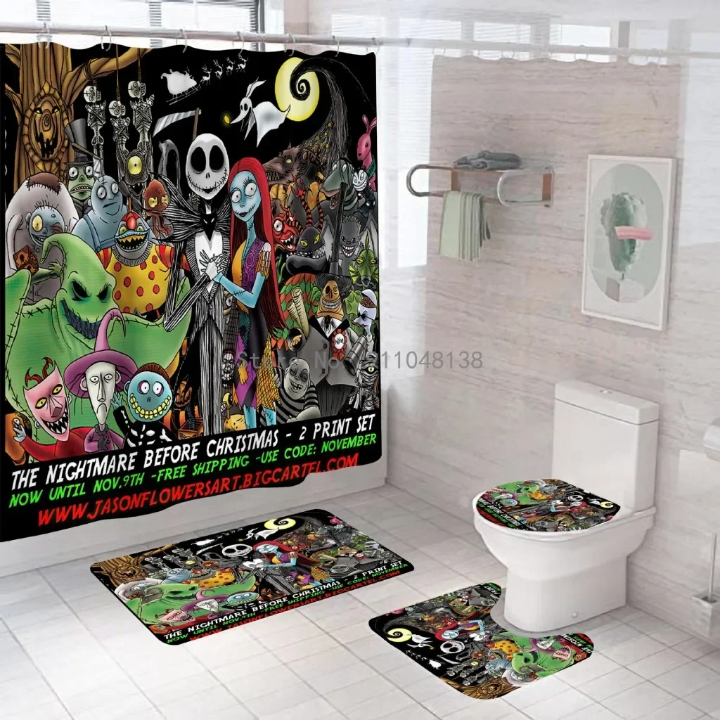 Disney Nightmares Before Christmas Shower Curtain Set 4pcs For Bathroom Waterproof Jack and Sally Bath Curtains Home Decoration