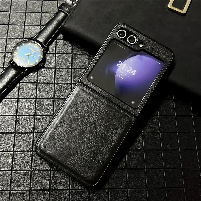 Pu Leather Phone Case For Samsung Galaxy Z Flip 5 5G Solid Color Small Screen Tempered Film Protective Shell Flip5 Cover