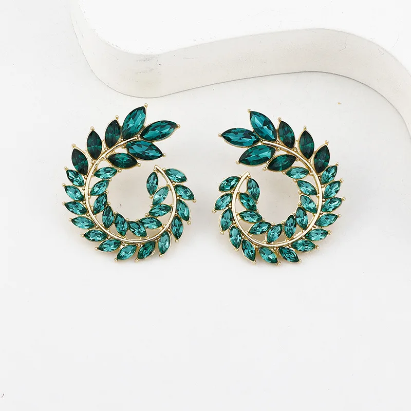 

Fashion Gold Color Leaf Whirlpool Shape Deep Green Rhinestone Flower Clear Geometric Stud Earrings for Women Jewelry