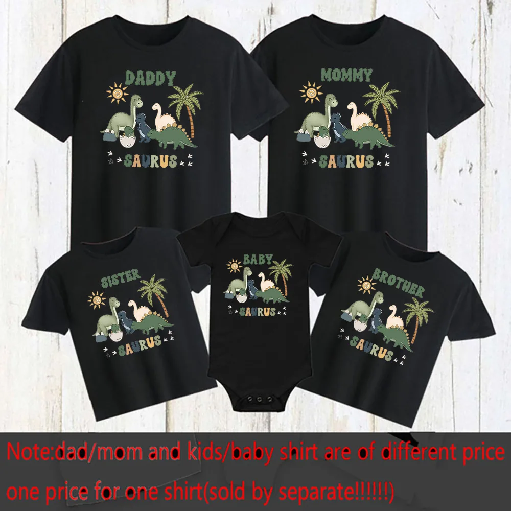Cartoon Dinosaur Print Family Matching Outfits Tops Boy Birthday Party Family Look T-shirt Dad Mom Bro Sis Tee Shirt Baby Romper 4