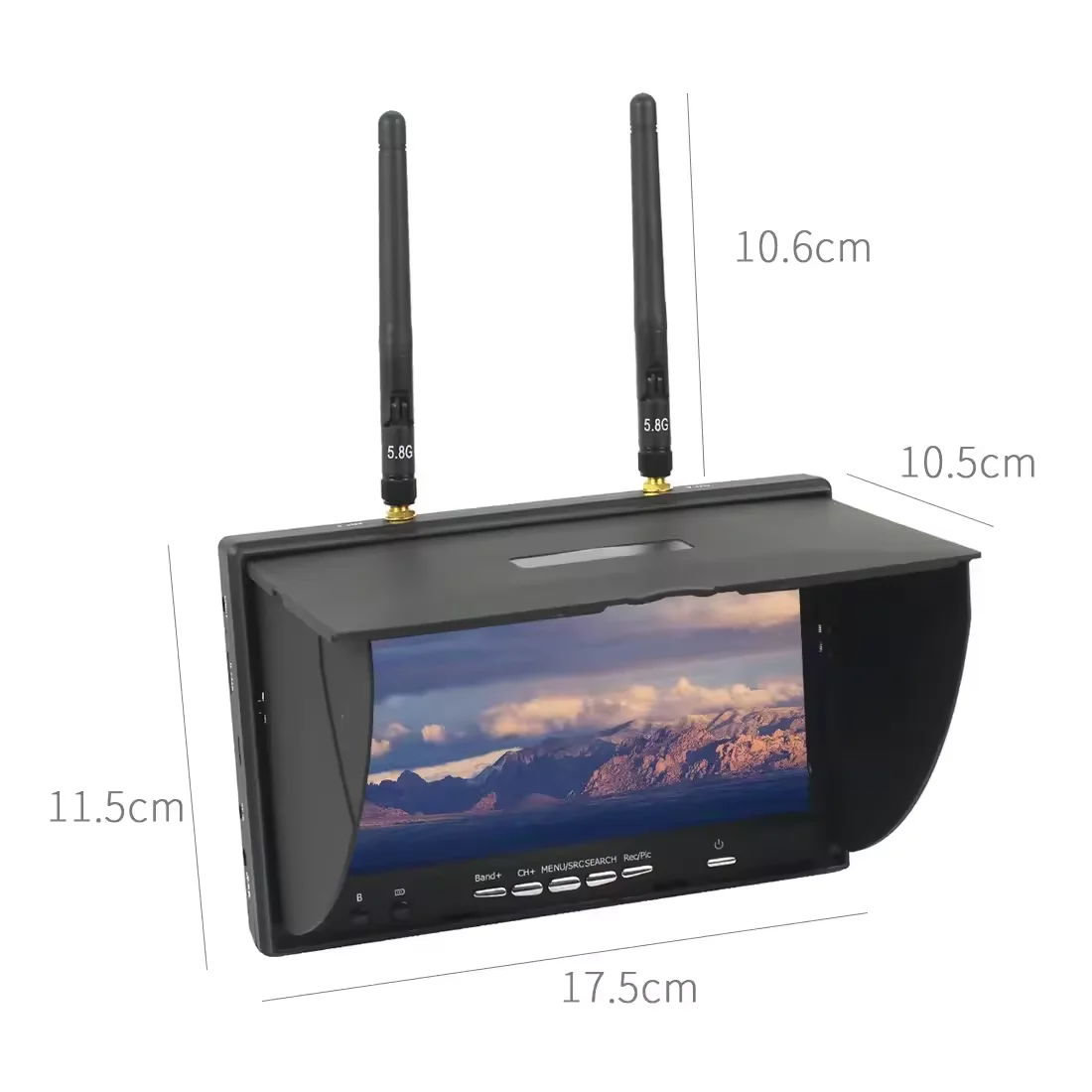 Moniteur FPV 7 pouces 5.8G 40CH avec DVR et batterie intégrée pour drone RC, connecteurs et ports latéraux