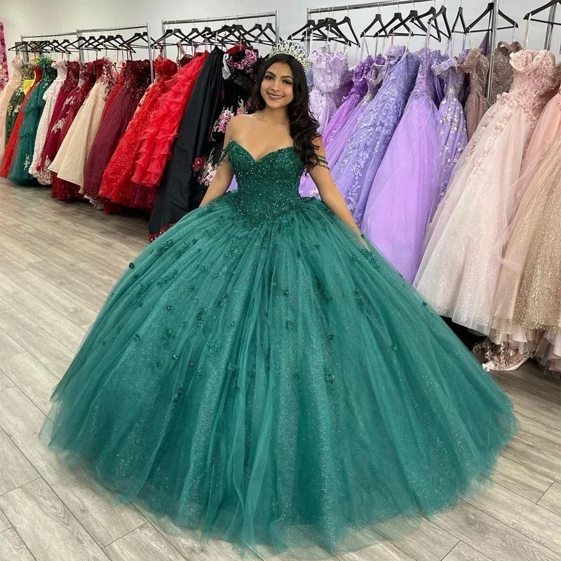 

Glittering Shiny Emerald Green Princess Quinceanera Dresses Off-Shoulder 3D Flower Lace For 15th Birthday Party Prom Ball Gown